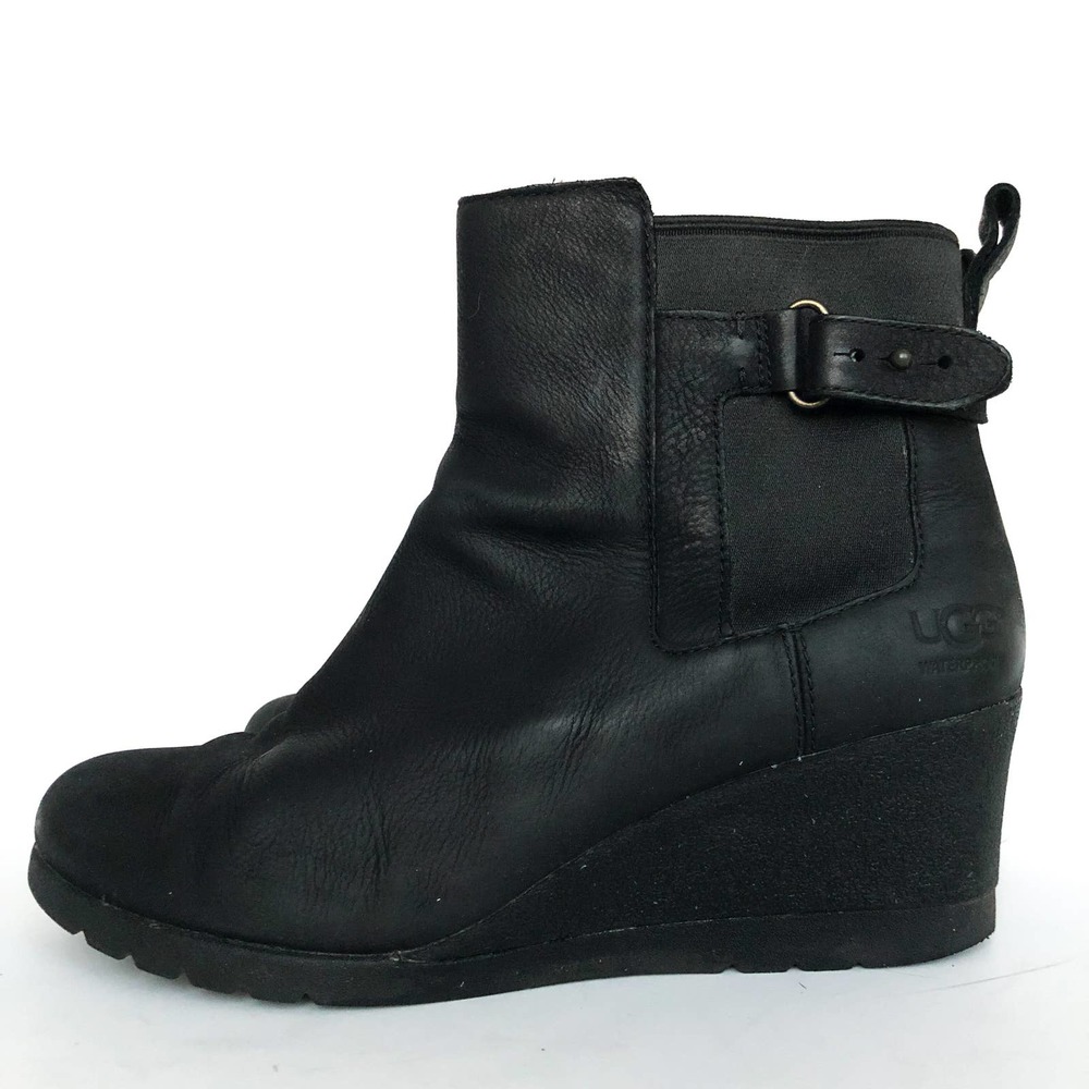 Ugg Indra Waterproof Insulated Wedge Ankle Boot Black Leather -  Size 8.5